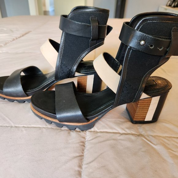 Sorel Black Tan Addington Cuff Leather Colorblock Heel Open Toe Sandal - Picture 3 of 12